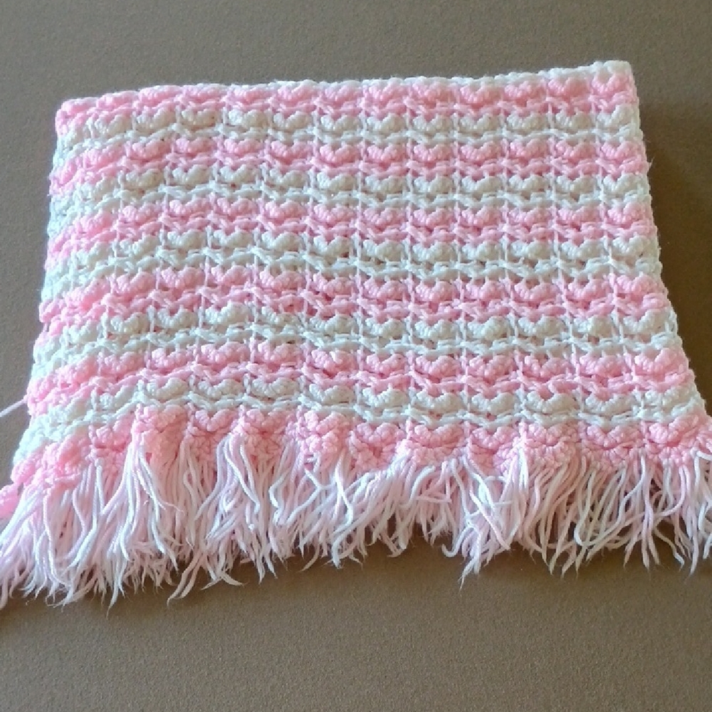 Pink and White Throw Blanket with Fringe Handmade Baby Blanket